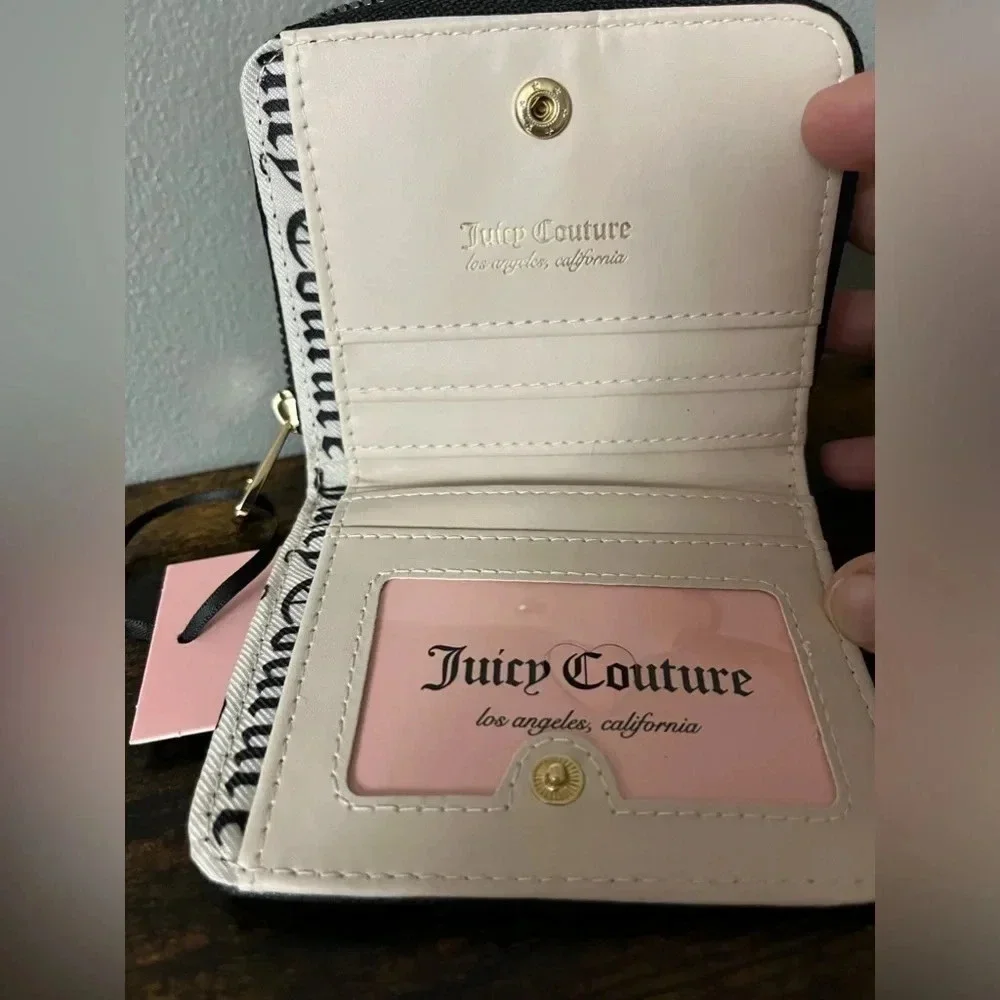 Juicy Couture Black Faux Leather Wallet Gold Logo Foldover Style NWT